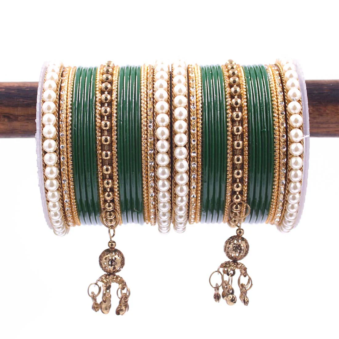 Traditional Solid Coloured Bangle Set with Pearl and Jhumki by Leshya - Image 6