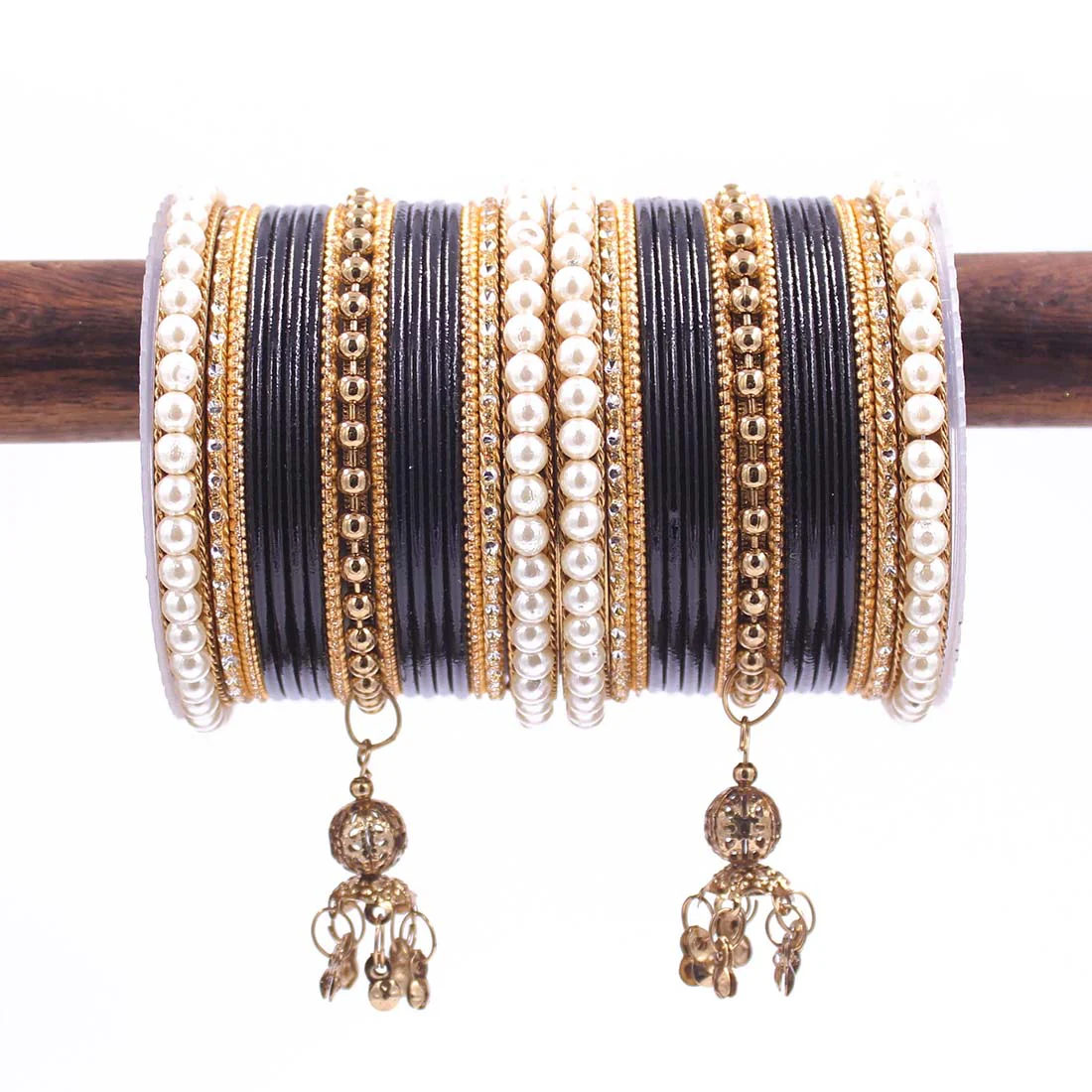 Traditional Solid Coloured Bangle Set with Pearl and Jhumki by Leshya - Image 20