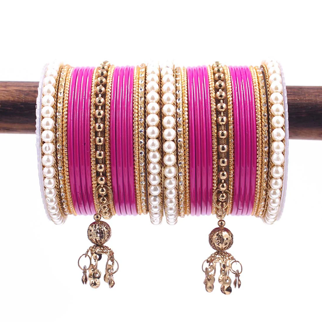 Traditional Solid Coloured Bangle Set with Pearl and Jhumki by Leshya - Image 22