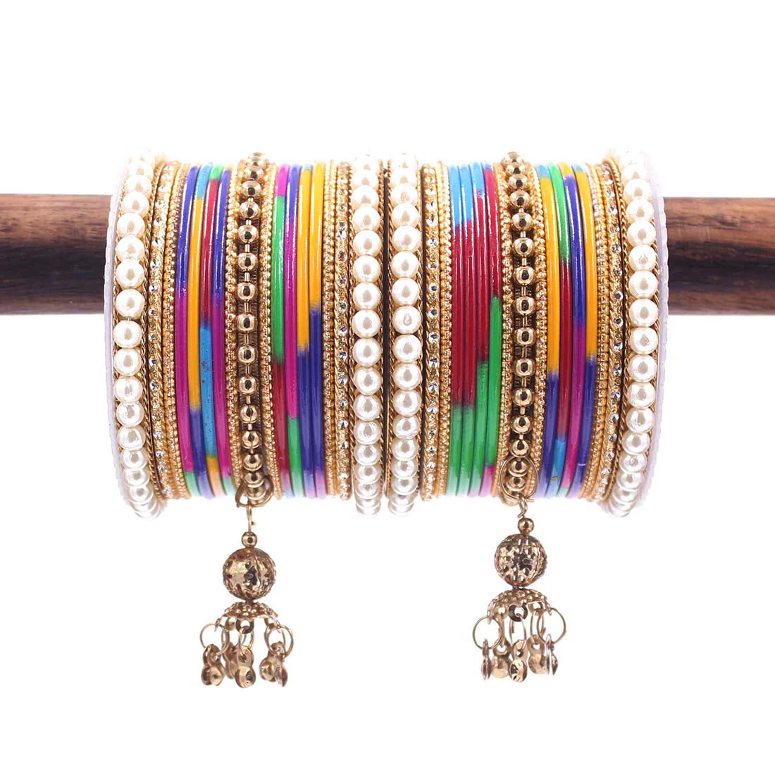 Traditional Solid Coloured Bangle Set with Pearl and Jhumki by Leshya - Image 6