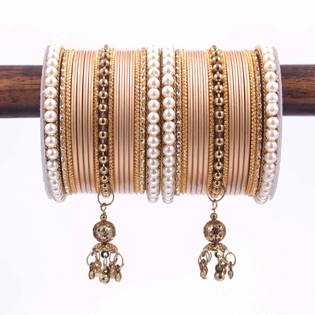 Traditional Solid Coloured Bangle Set with Pearl and Jhumki by Leshya - Image 8