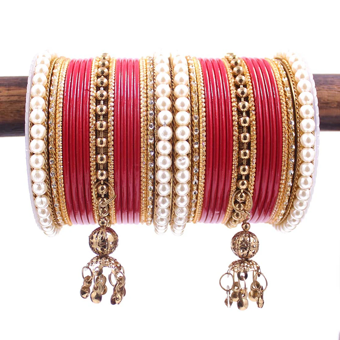 Traditional Solid Coloured Bangle Set with Pearl and Jhumki by Leshya - Image 6