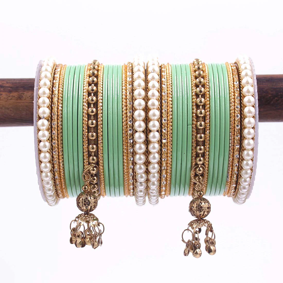 Traditional Solid Coloured Bangle Set with Pearl and Jhumki by Leshya - Image 8