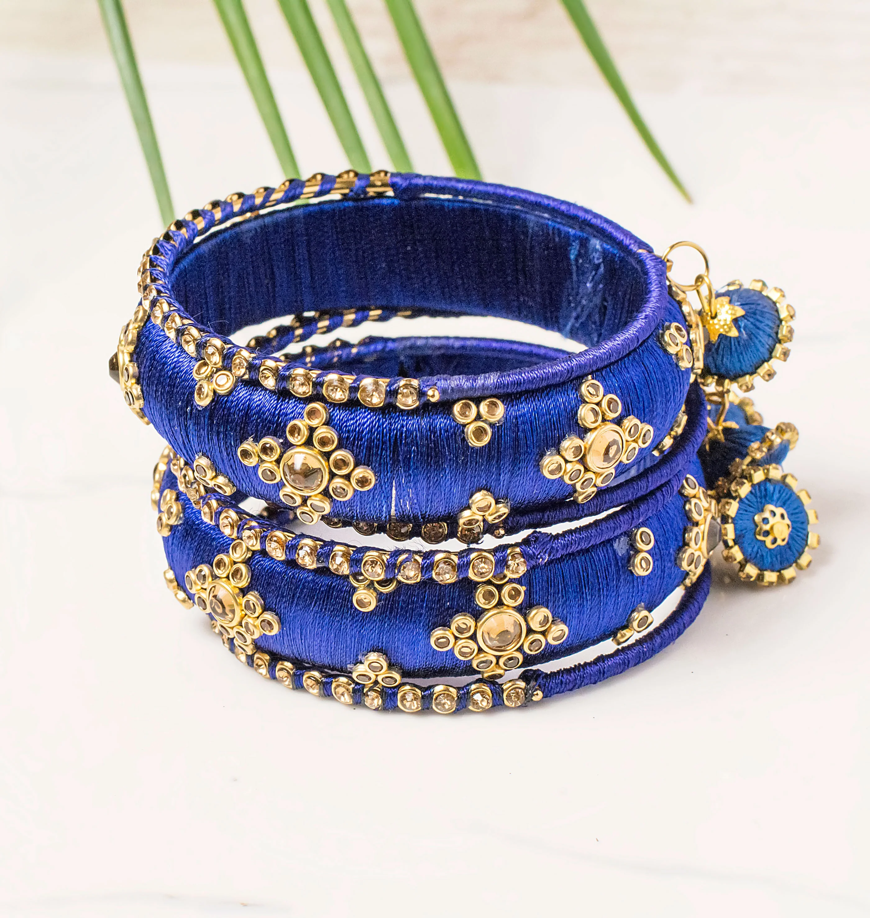 Traditional Thread Bracelet Set With Stones And Jhumki - Image 4