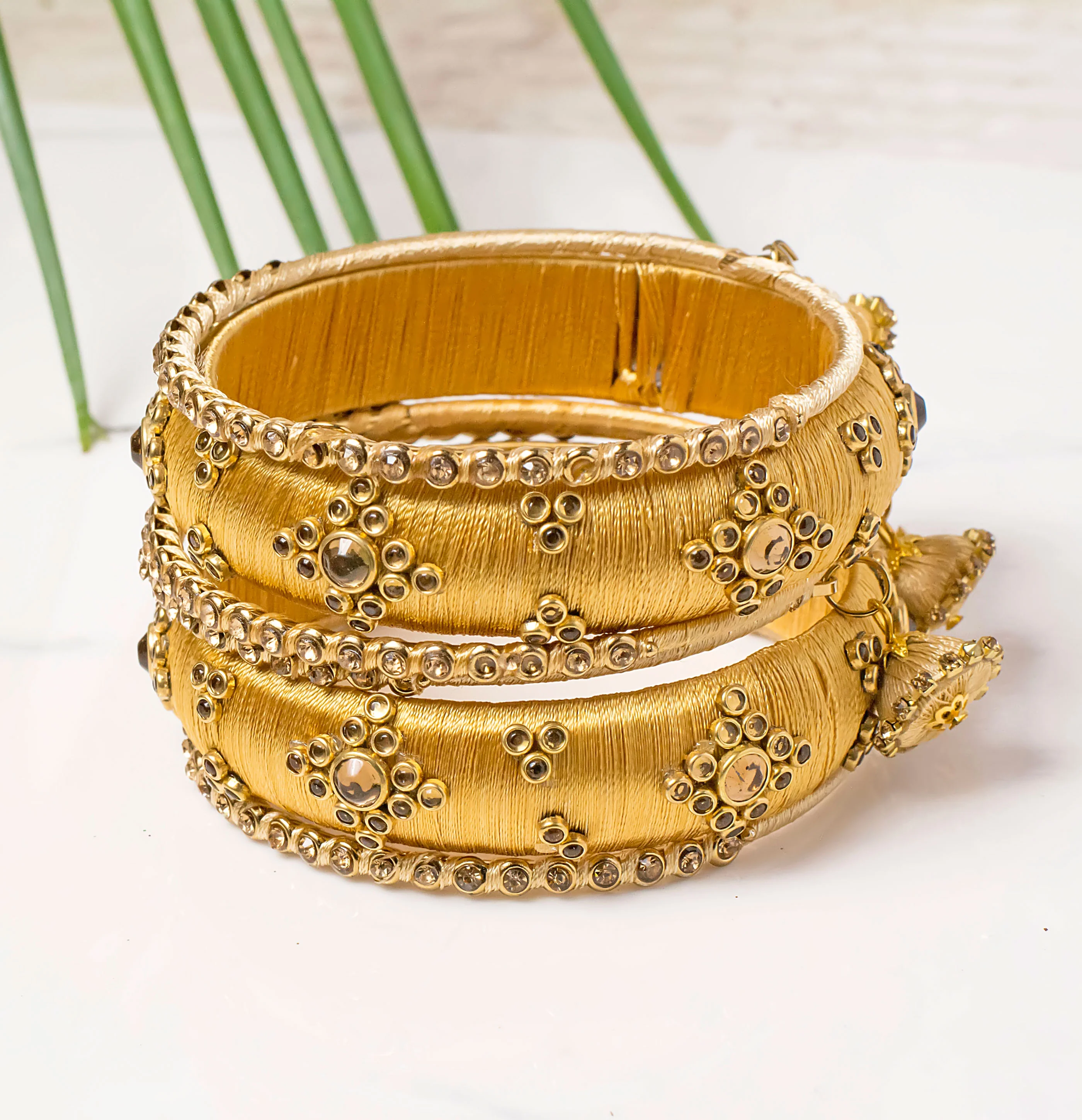 Traditional Thread Bracelet Set With Stones And Jhumki - Image 5