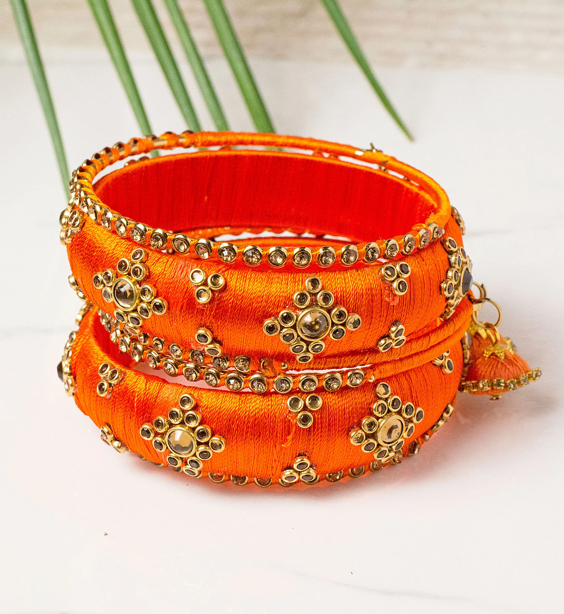 Traditional Thread Bracelet Set With Stones And Jhumki - Image 8