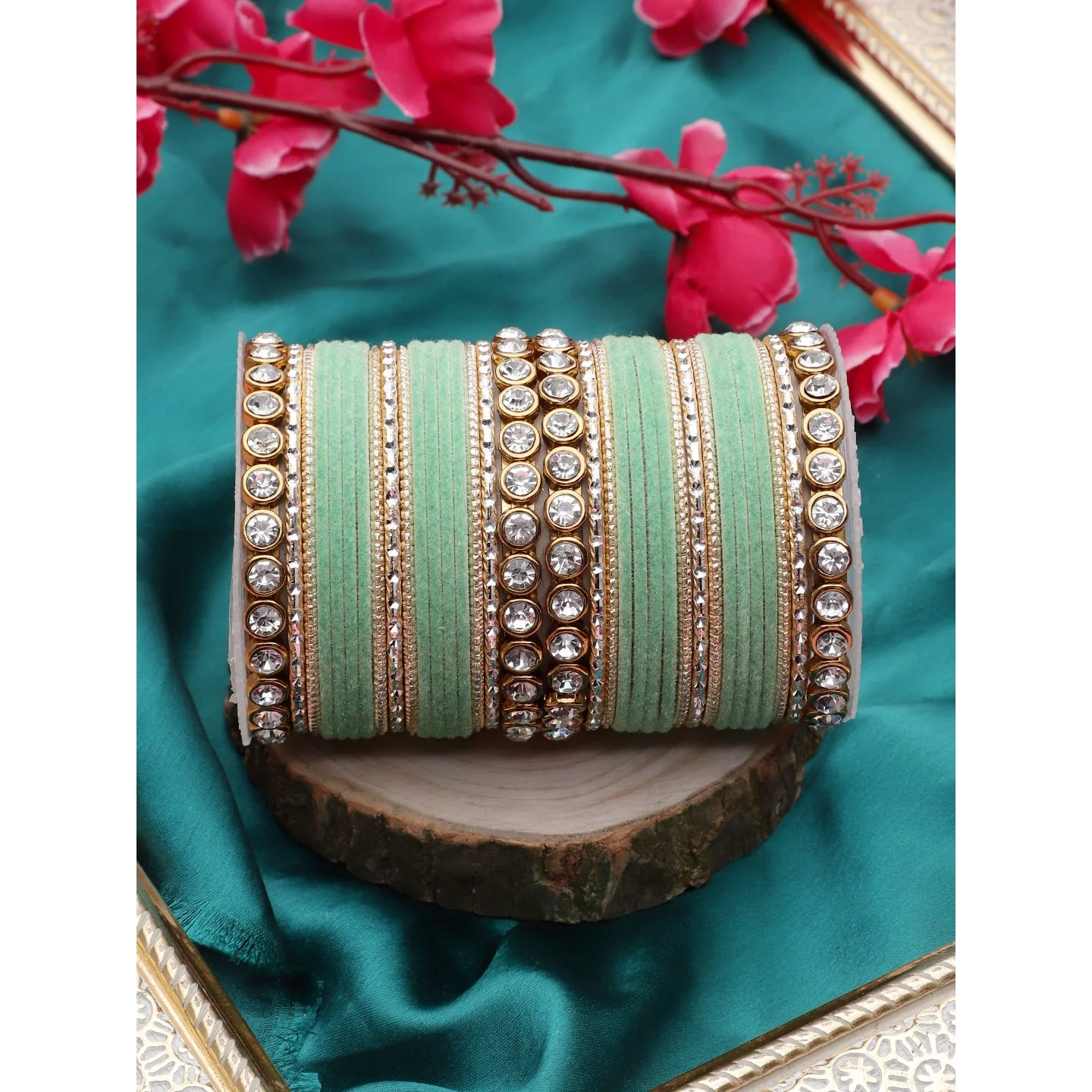 Traditional Velvet Bangle Set by Leshya with Stone Kadas for Women - Image 3
