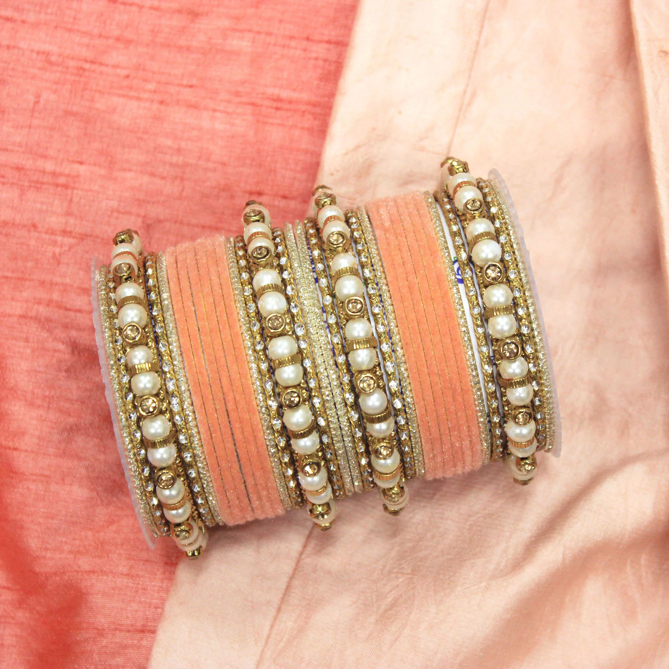 Traditional Velvet Bangle set with Pearl Bangles for Two Hands - Image 3