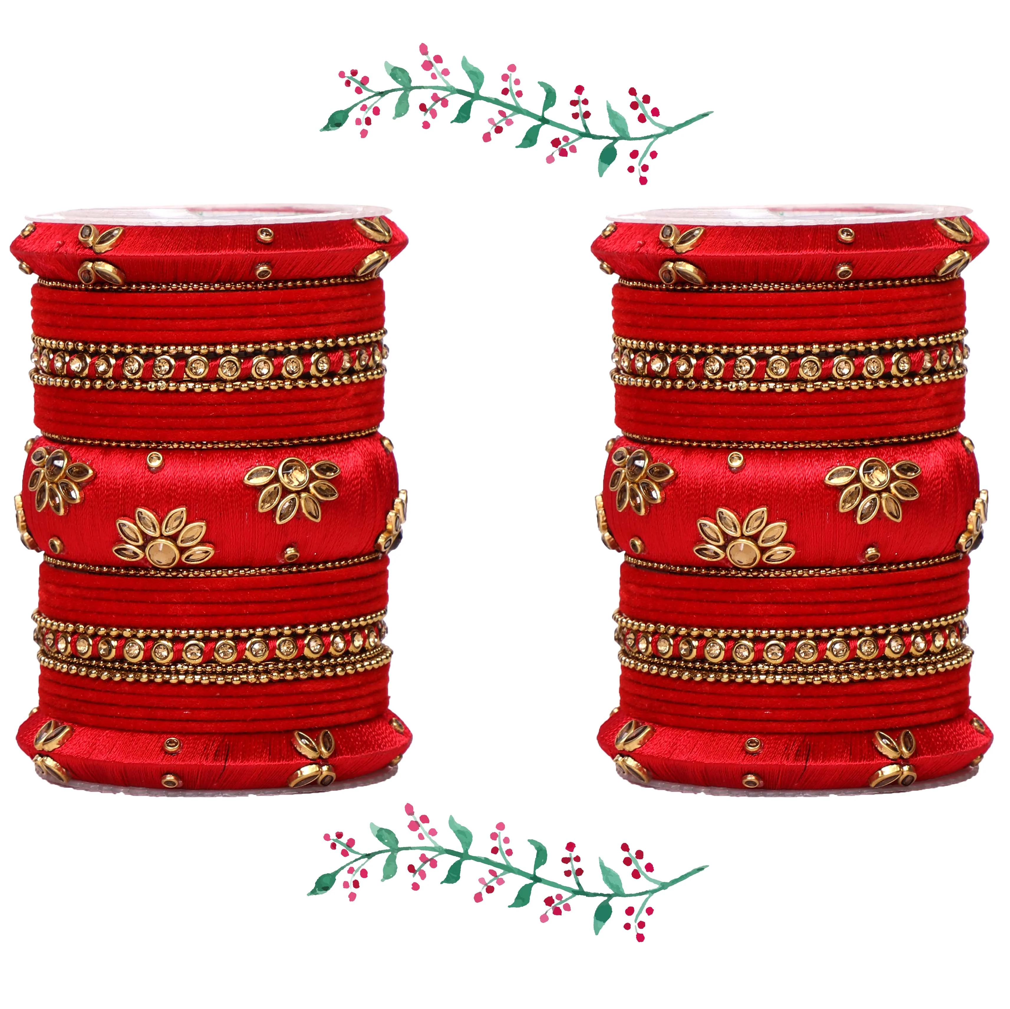 Traditional Velvet Bangle set with Thread Kada for Two Hands - Image 2