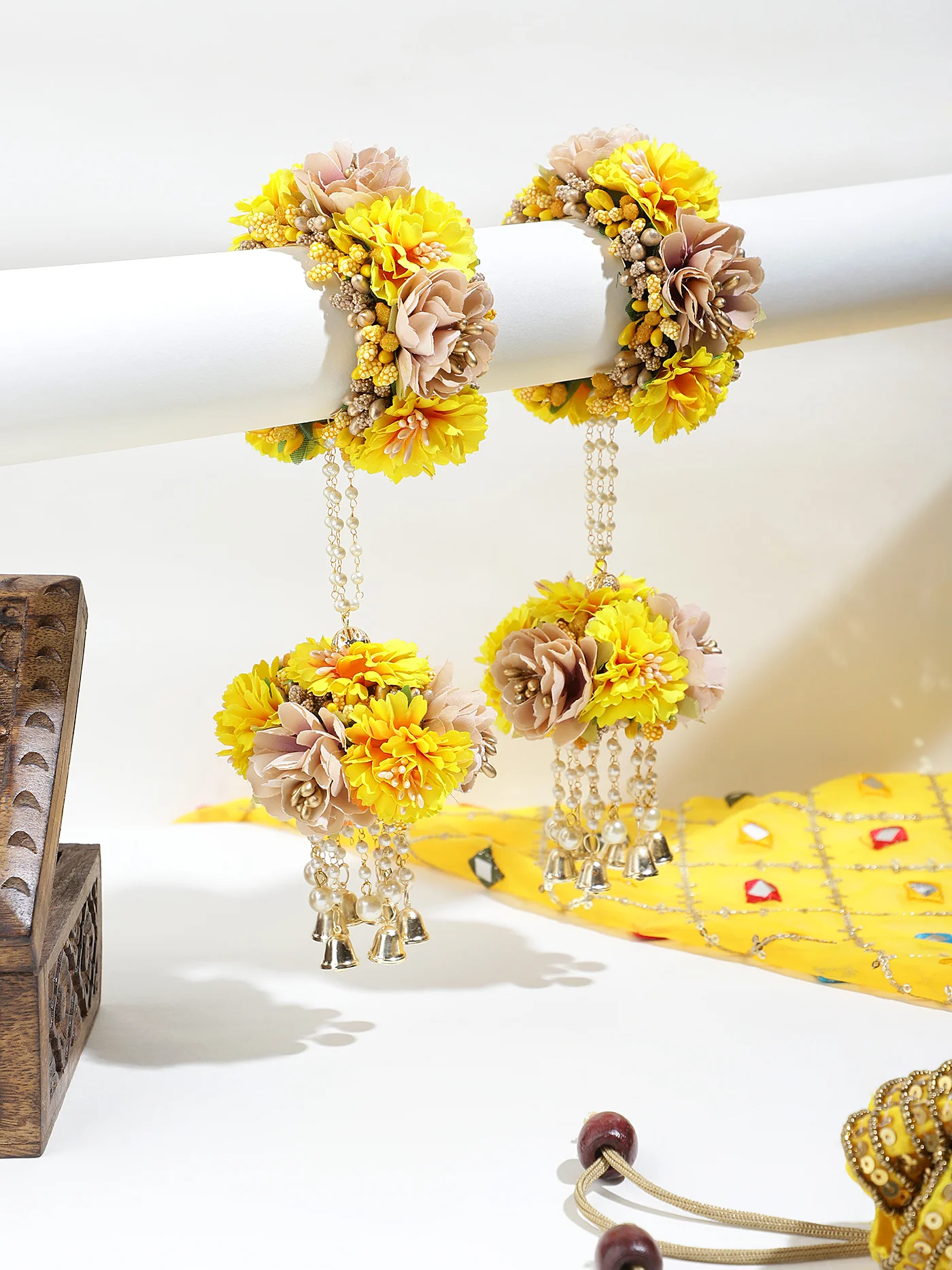 Traditional Yellow Hand Kaleera with Floral Latkans by Leshya - Image 2