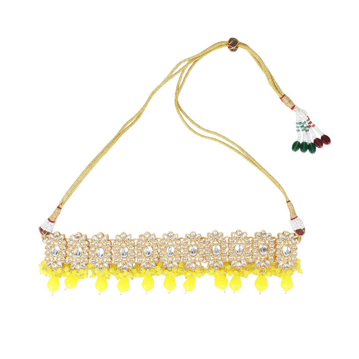 Yellow Kundan Beaded Necklace with Earring & Maang Tikka by Leshya - Image 2