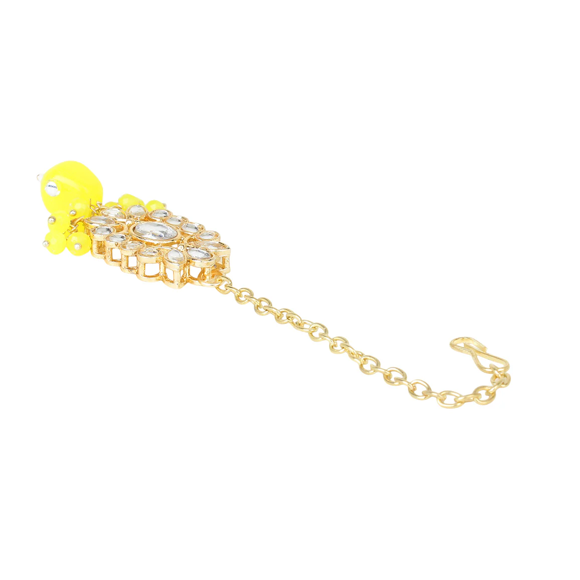 Yellow Kundan Beaded Necklace with Earring & Maang Tikka by Leshya - Image 4